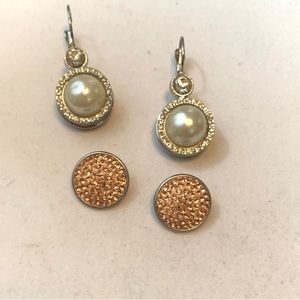 Silver Tone Snap Drop Earrings 1/Faux Pearl &  1/Bling Snaps